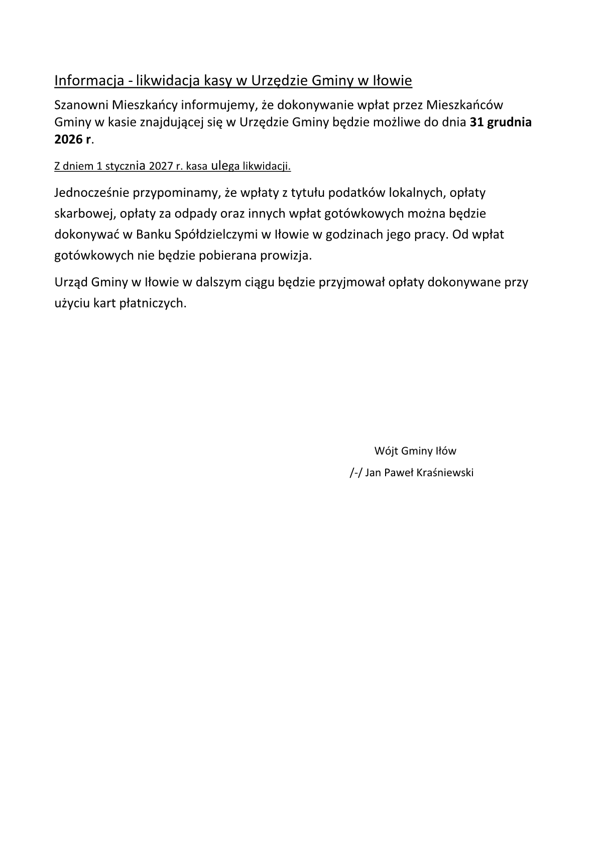 Informacja o&nbsp;likwidacji Kasy w&nbsp;Urzedzie Gminy Ił&oacute;w